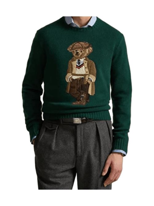 Maglia da uomo in lana misto cashmere con BEAR applicato sul davanti, colore verde pino vintage POLO RALPH LAUREN | 710978308001